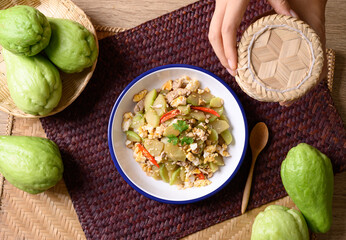 Northern Thai food, Stir fried chayote squash with egg and pork, Local Thai food, Table top view