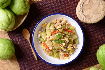 Northern Thai food, Stir fried chayote squash with egg and pork, Local Thai food, Table top view