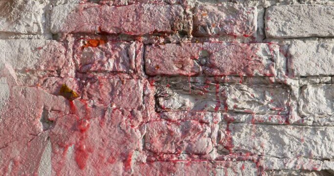 Someone threw glass bottle of red wine into a brick wall, so it breaks, shards fly around, and beverage stains whitewash on the wall surface, slow motion, close up.