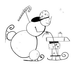 Happy snowman carrying sleigh with gifts outline isolated