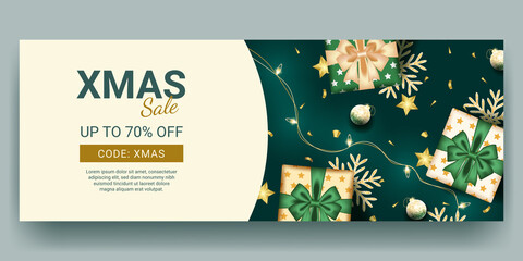 christmas sale banner with realistic green decoration