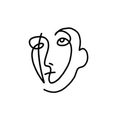 Woman face continuous line drawing. Expressions art in Picasso style. Abstract minimal woman portrait. Logo, icon, label.