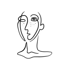 Woman face continuous line drawing. Expressions art in Picasso style. Abstract minimal woman portrait. Logo, icon, label.