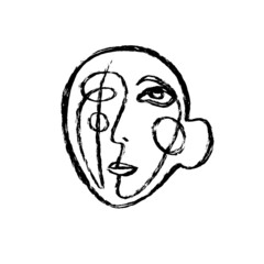 Woman face continuous line drawing. Expressions art in Picasso style. Abstract minimal woman portrait. Logo, icon, label.