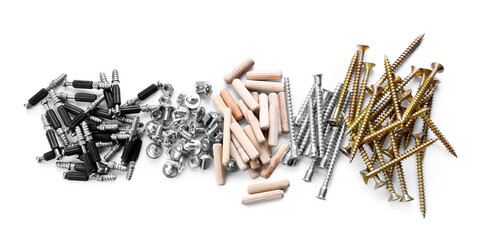 Furniture connectors, bolts, screws and dowels on white background - obrazy, fototapety, plakaty