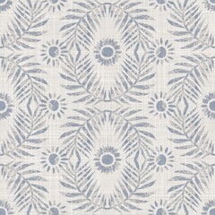 Seamless french linen printed foliage background. Provence blue gray linen pattern texture. Shabby chic style woven blur background. Textile rustic all over print - 466612134