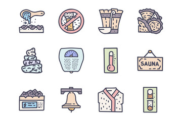 Sauna color vector doodle simple icon set