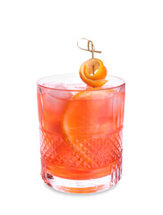 Glass of negroni cocktail with orange peel on white background