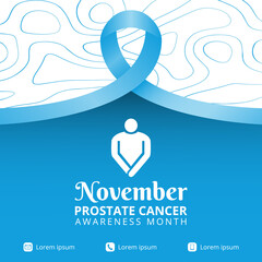 Prostate cancer awareness month banner with blue ribbon and topographic map background