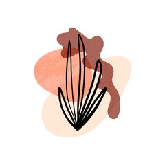 Tender contemporary abstract composition with line art palm leaf and textured shapes. Poster, banner in boho palette.