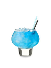 Glass of Blue Lagoon cocktail on white background