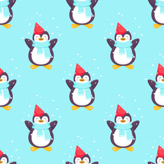 Penguins seamless pattern. Cartoon penguin in a cap, scarf and snowflakes. Vector cute winter illustration blue background. Merry Christmas and Happy New Year seamless pattern with penguins in vector