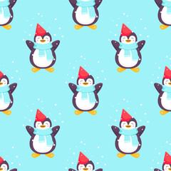 Penguins seamless pattern. Cartoon penguin in a cap, scarf and snowflakes. Vector cute winter illustration blue background. Merry Christmas and Happy New Year seamless pattern with penguins in vector