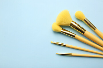 Set of stylish makeup brushes on blue background