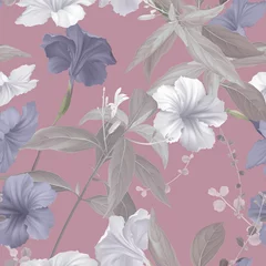 Fotobehang Floral seamless pattern, red ruellia tuberosa flowers and leaves on pink © momosama