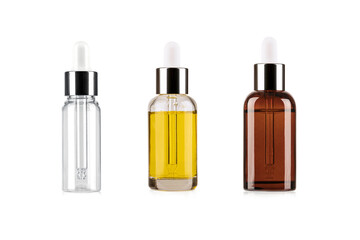 Realistic glass bottle cosmetic set aroma oil for beauty isolated on white background.
 