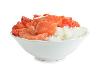 Poke bowl with tasty rice, salmon and vegetables on white background