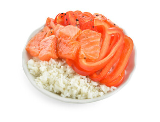 Poke bowl with tasty rice, salmon and vegetables on white background