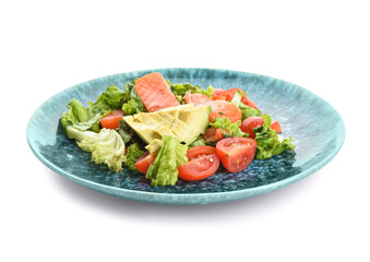 Fresh salad with salmon and vegetables on white background