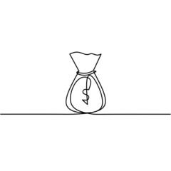 Continuous line drawing of money bag, business income, object one line, single line art, vector illustration
