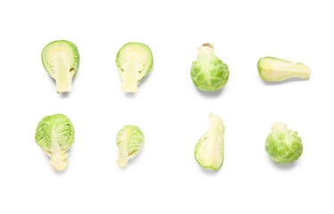 Fresh ripe Brussels sprouts on white background