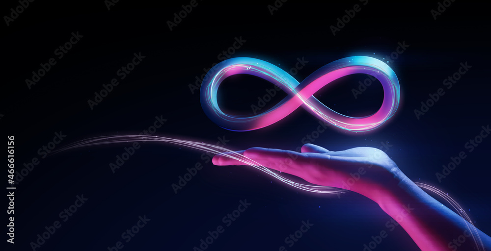 Poster Hand holding virtual reality infinity symbol community connection of metaverse world global network technology system and abstract loop sign element on innovation digital communication 3d background.