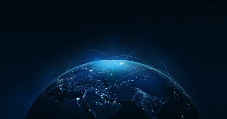 Night earth global virtual internet world connection of metaverse technology network digital communication and worldwide networking on connect 3d background. Elements of this image furnished by NASA. - obrazy, fototapety, plakaty
