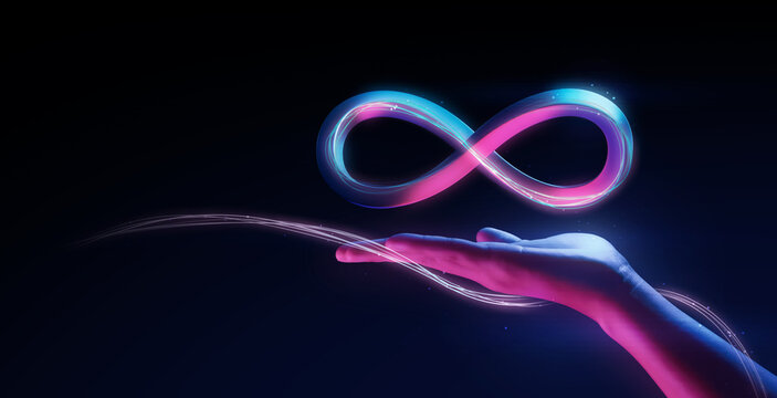 Hand holding virtual reality infinity symbol community connection of metaverse world global network technology system and abstract loop sign element on innovation digital communication 3d background.