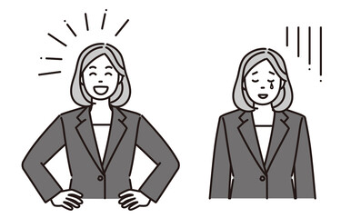 喜んでいるまたは落ち込んでいるビジネスウーマンのモノクロイラスト　2ポーズセット