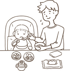 Fototapeta na wymiar 子育て_ごはん_男性/This is an illustration of a man raising a child.