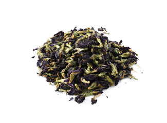 Dried butterfly pea flowers on white background