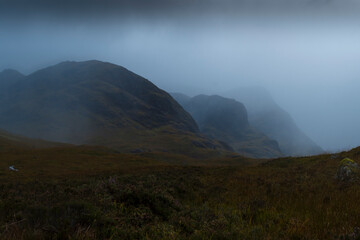 Scottish Highlands, Glencoe Swamp, Scotland Mountains with mist, Winter UK - obrazy, fototapety, plakaty