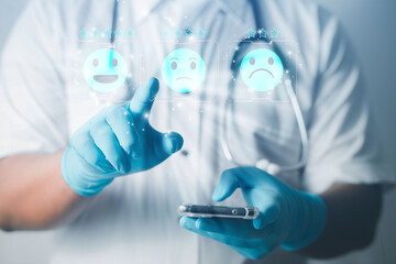 Fototapeta premium Doctors or scientists survey the satisfaction of the patient prevention management system and publish the COVID-19 mutation health preference survey concept. 