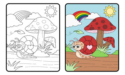 Snail and mushroom coloring book or page, education