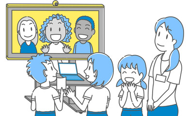 タブレットを活用した授業で、海外の学校との交流を楽しむ子どもたち