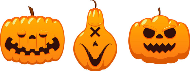 Set of cartoon pumpkins with funny faces for your Halloween design. pumpkins of different shapes and sizes. Collection of vector icons and elements for greeting card and poster, party sign.