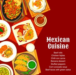 Mexican cuisine menu cover with vector spice food of vegetable and meat dishes. Taco with salsa sauce, stuffed peppers and chilli con carne, chicken fajitas, corn avocado soup and chorizo pasta