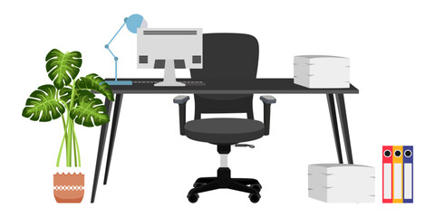 Desk with modern adjustable office chair and table with beautiful design with house plants and with some paper pile file folders table lamp pc computer