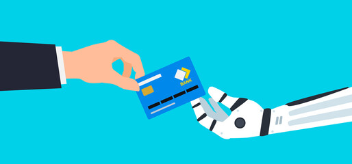 business man hand gives a credit card to robot vector illustration