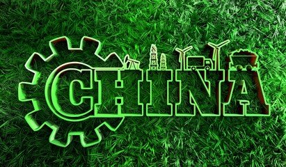 Fototapeta premium China country name with industrial icons and green grass
