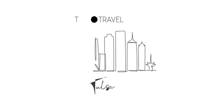 Animated self drawing of one continuous line draw Tulsa city skyline, Oklahoma. Beautiful landmark. World landscape tourism travel vacation poster art. Editable full length single line animation.