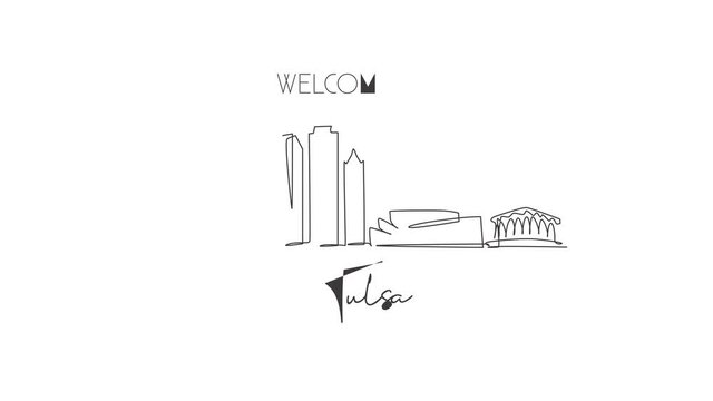Animated self drawing of continuous line draw Tulsa city skyline, Oklahoma. Famous city scraper and landscape. World travel concept home wall decor art poster print. Full length one line animation.
