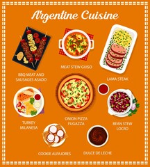 Argentine cuisine menu. Bean stew Locro, cookie Alfajores bbq and turkey Milanesa, onion pizza Fugazza, Lama steak and meat stew Guiso, Dulce de Leche, meat and sausages Asado © Vector Tradition
