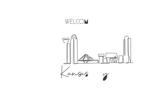 Animation of one line drawing of Kansas city skyline, United States. Historical town landscape. Best holiday destination wall decor poster art. Continuous line self draw animated. Full length motion.