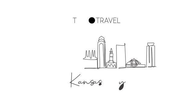 Animated self drawing of one continuous line draw Kansas city skyline, USA. Beautiful landmark. World landscape tourism travel vacation poster print. Editable full length single line animation.