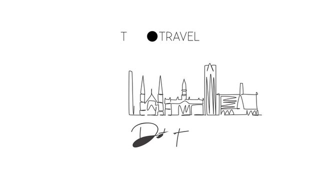 Animated self drawing of one continuous line draw Detroit city skyline, USA. Beautiful landmark. World landscape tourism travel vacation poster print. Editable full length single line animation.