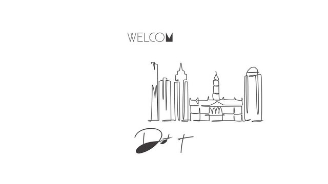 Animation of one line drawing of Detroit city skyline, United States. Historical town landscape. Best holiday destination home wall decor poster. Continuous line self draw animated. Full length motion