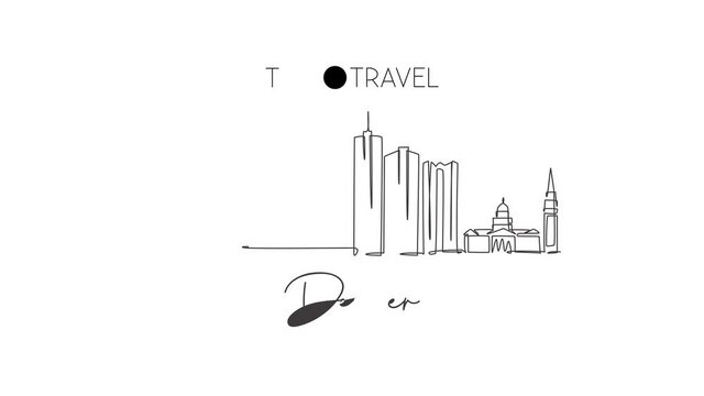Animation of one line drawing of Denver city skyline, United States. Historical town landscape in the world. Best holiday destination. Editable continuous line self draw animated. Full length motion.