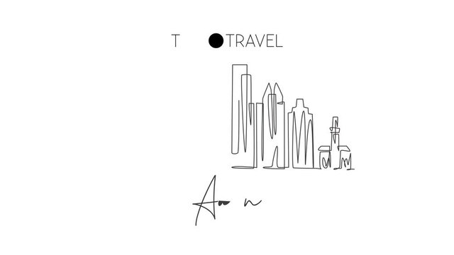 Animated self drawing of single continuous line draw Austin city skyline, USA. Famous city scraper and landscape. World travel concept home decor wall art poster print. Full length one line animation.