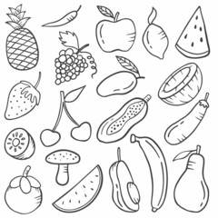 fruits food concept doodle hand drawn set collections with outline black and white style